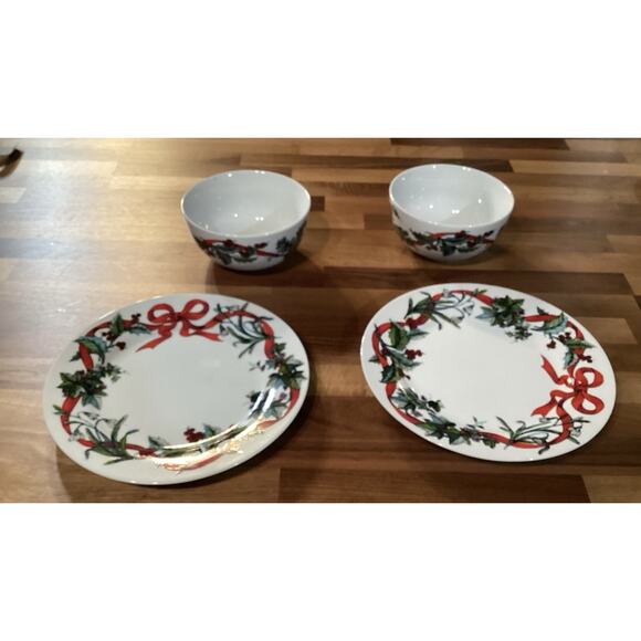 2 Brylane Home Christmas JOLLY TIME Salad Cereal Bowls/2 Salad Plates Ribbon - Picture 5 of 9